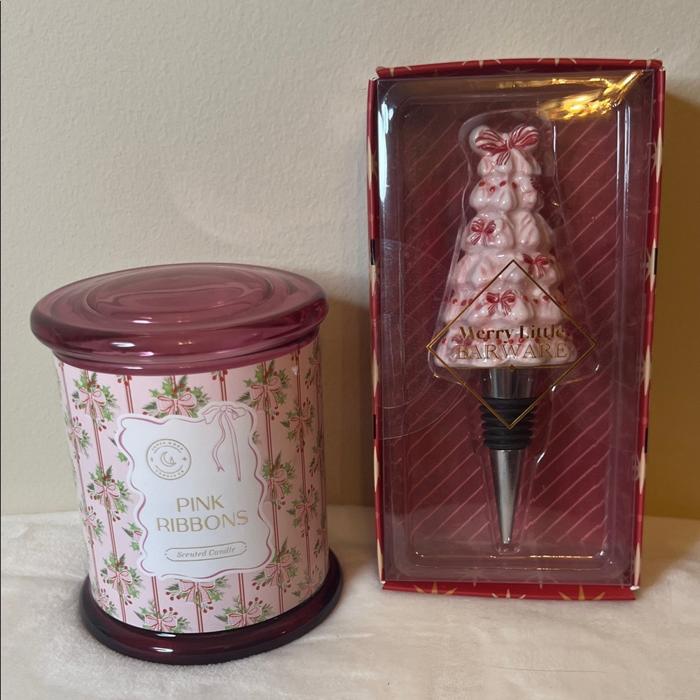 Pink Holiday Gift Set – Super Moon Candle Co. Candle + Pink Tree Bottle Stopper‎